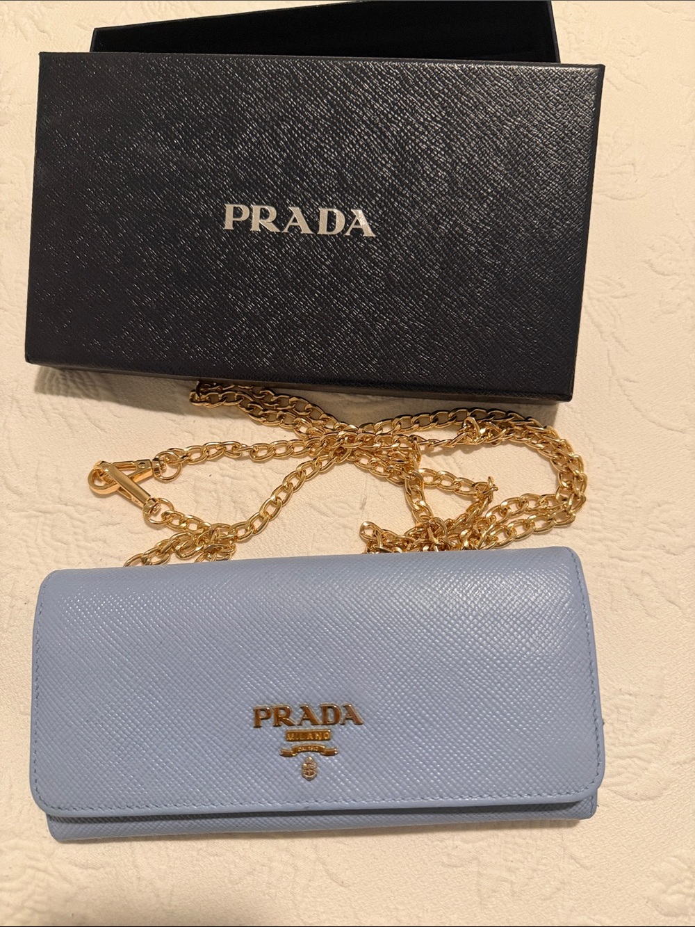 Prada Light Blue Saffiano Leather Chain Wallet with Gold Hardware